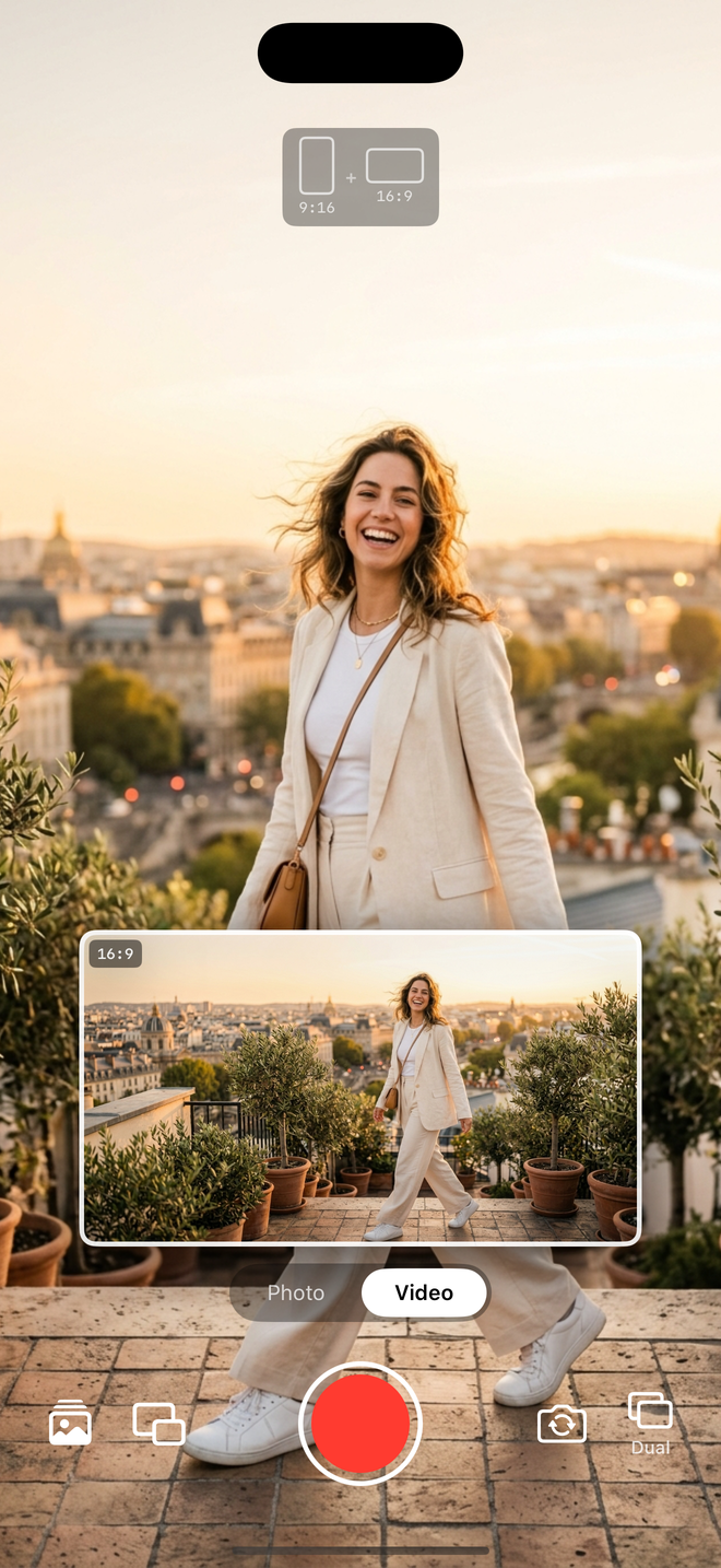 DualCam dual camera recording — simultaneous wide and ultra-wide camera preview on iPhone