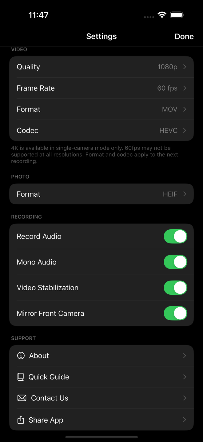 DualCam pro camera settings — 4K 60fps resolution and dual output